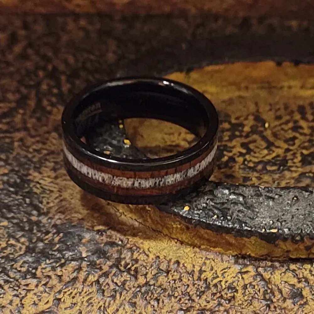 Personalized Engraved Men's Black Tungsten Wedding Ring Bone and Koa Wood